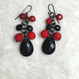 Red and Black Beaded Cluster Earrings
